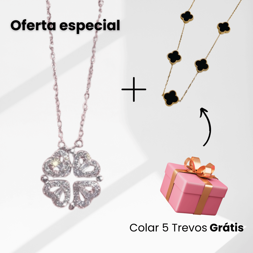 Oferta 2x1: Compre o Colar Coração Trevo (Prateado) e leve o Colar 5 Trevos (Negro) grátis!