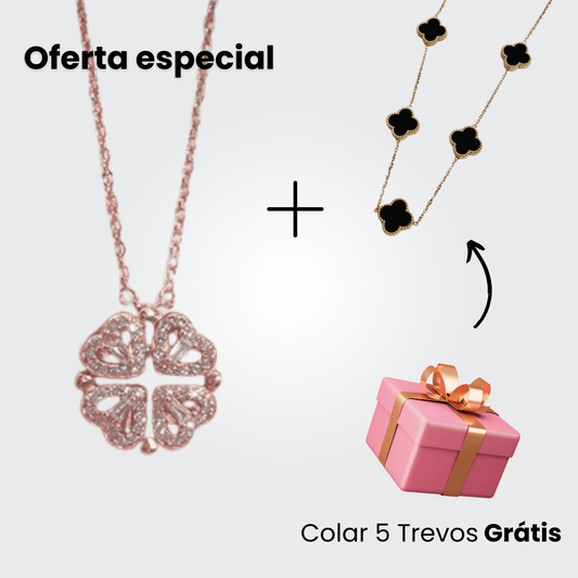 Oferta 2x1: Compre o Colar Coração Trevo (Dourado) e leve o Colar 5 Trevos (Negro) grátis!