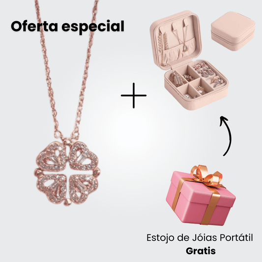 Oferta 2x1: Compre o Colar Coração Trevo (Dourado) e leve o Porta-Joias Portátil (Bege) grátis!