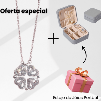 Oferta 2x1: Compre o Colar Coração Trevo (Prateado) e leve o Porta-Joias Portátil (Cinza) grátis!